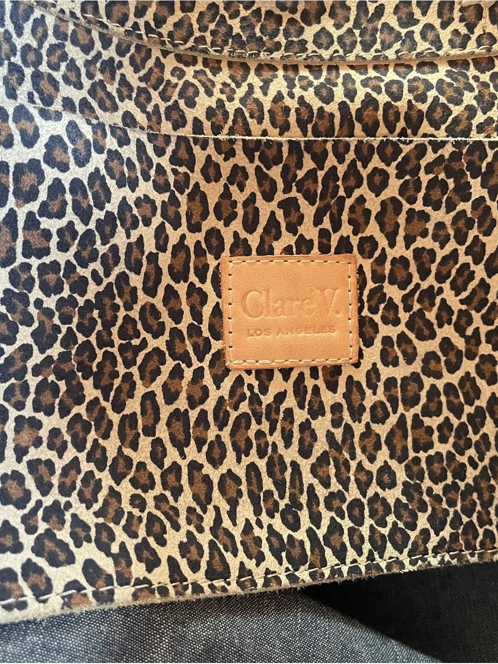 Clare V Simple Tote in Leopard Print Suede with Red and Blue Long Strap